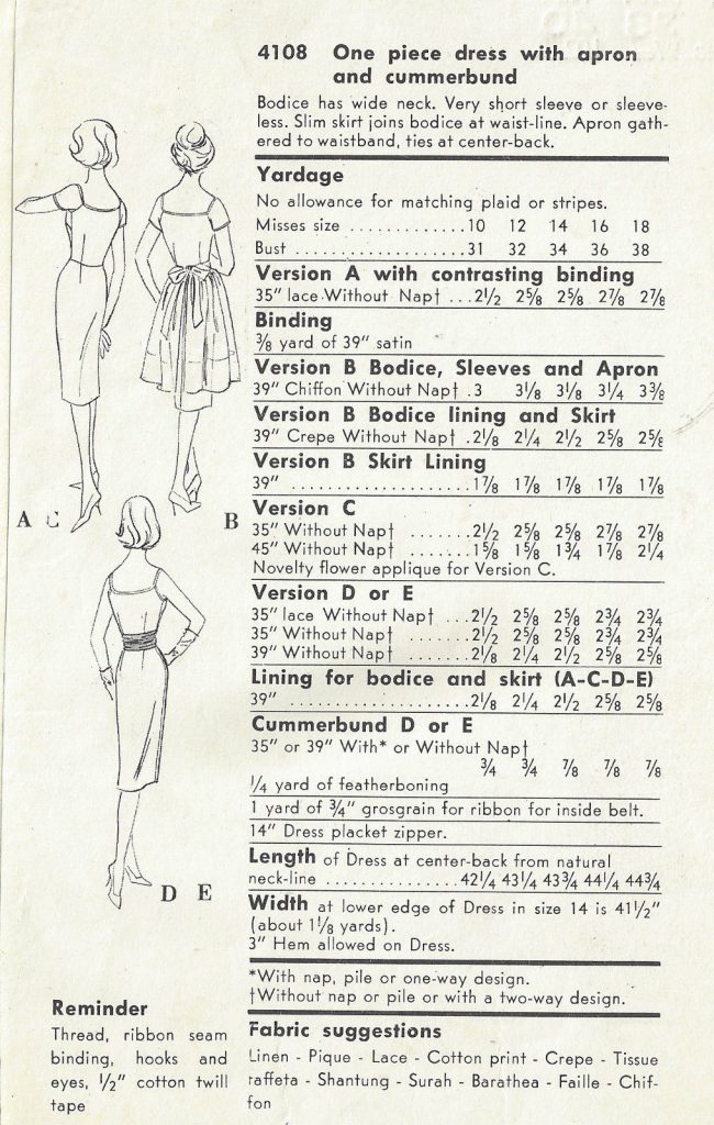 1961 Vintage VOGUE Sewing Pattern B38 DRESS CUMMERBUND APRON 1593