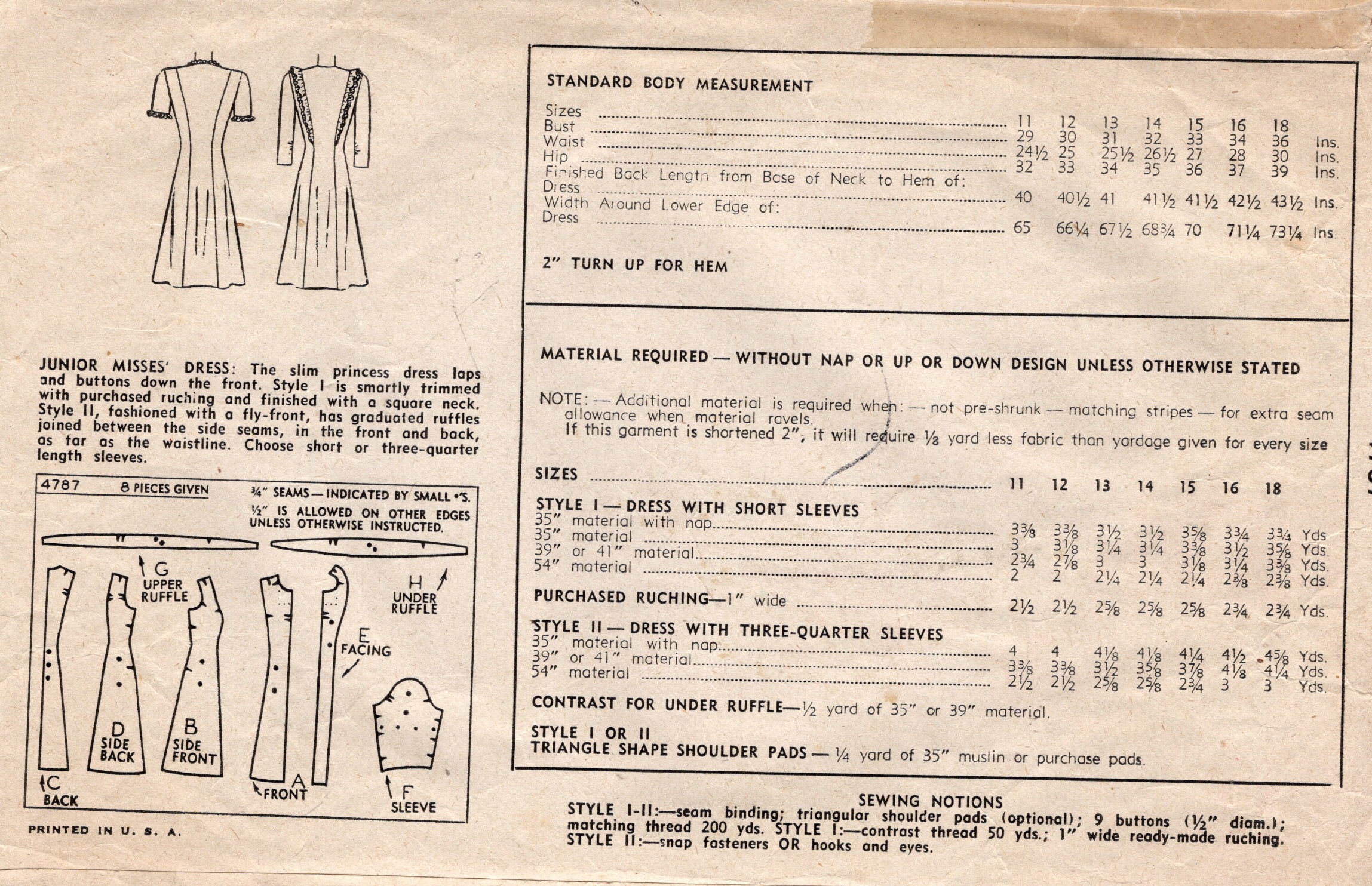 1940s Vintage Sewing Pattern B32 inch DRESS (66)By Simplicity 4787 ...