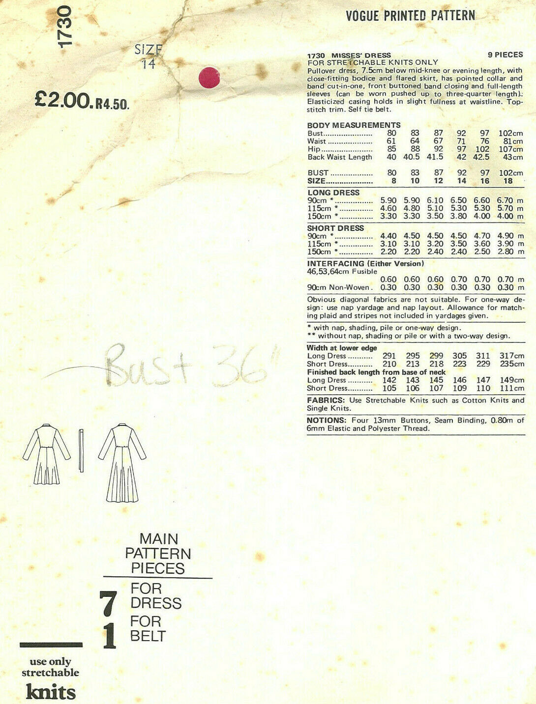 1978 Vintage VOGUE Sewing Pattern DRESS B36