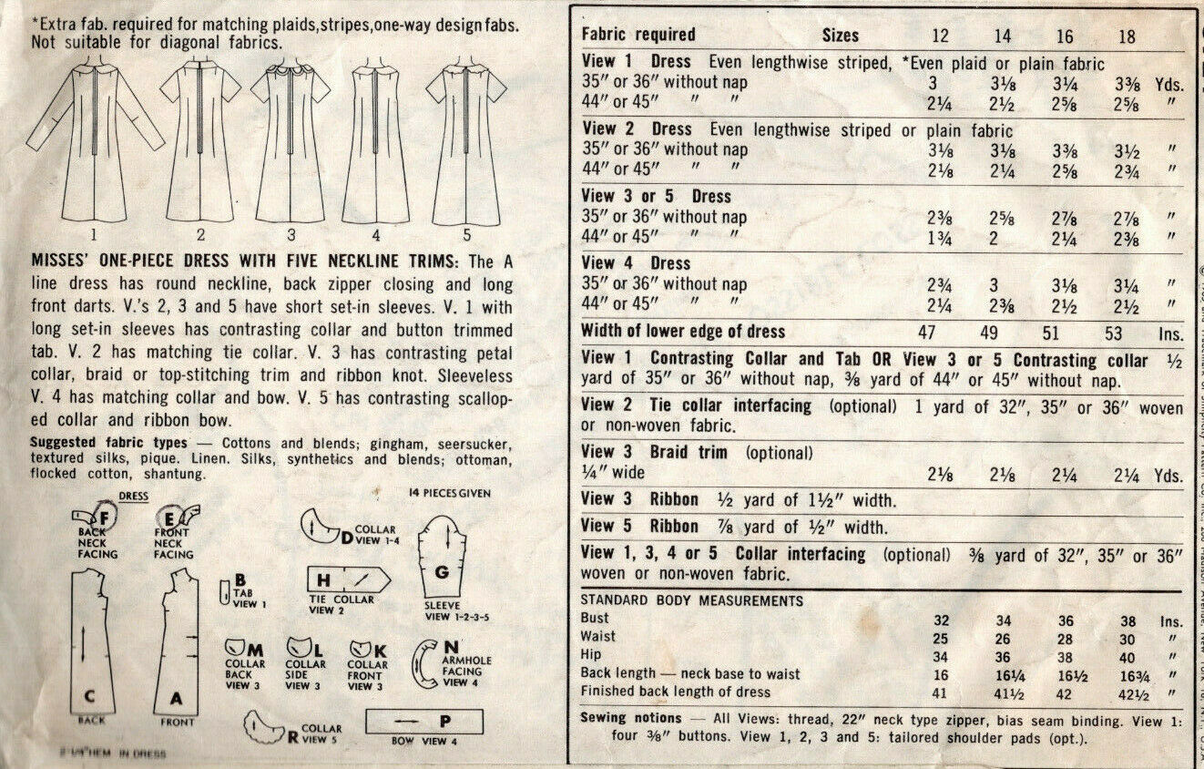 1965 Vintage Sewing Pattern DRESS Bust 34
