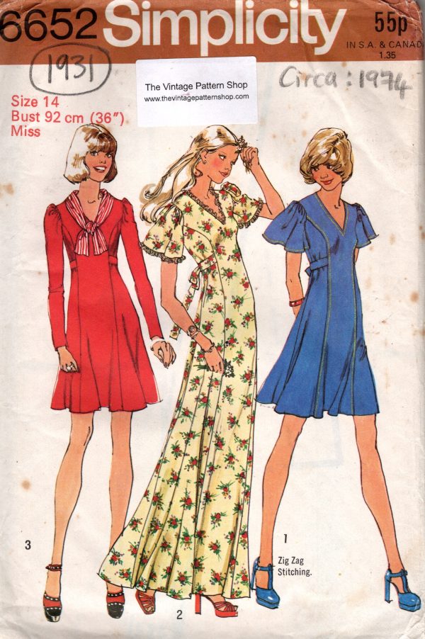 Vintage Sewing Pattern Simplicity 6613 1974 Dress 36 Bust