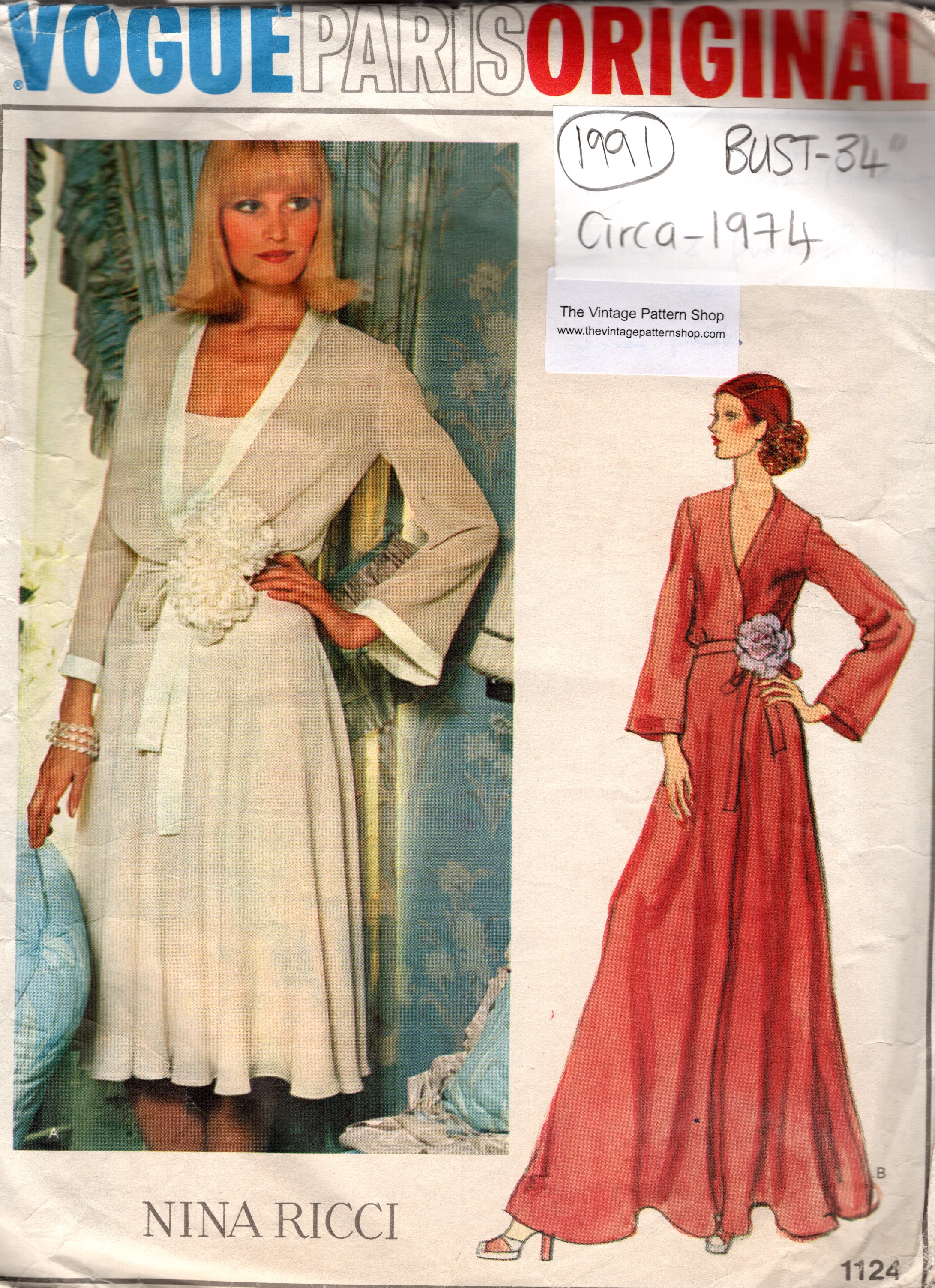 Nina Ricci 1963 Vintage VOGUE Sewing Pattern B34 DRESS & CAPE By NINA RICCI 1344 