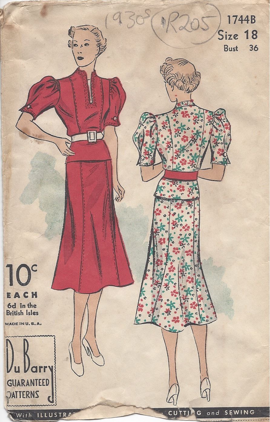 1930s Vintage Sewing Pattern B36in TWO-PIECE DRESS (R205) By 'DU BARRY ...