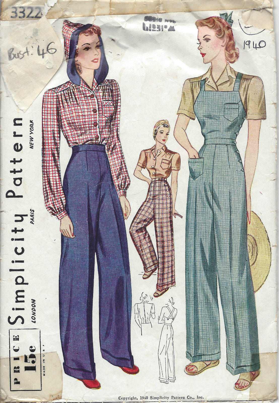 1940 Vintage Sewing Pattern B46-W40 BLOUSE-TROUSERS-OVERALLS (1231) - The  Vintage Pattern Shop
