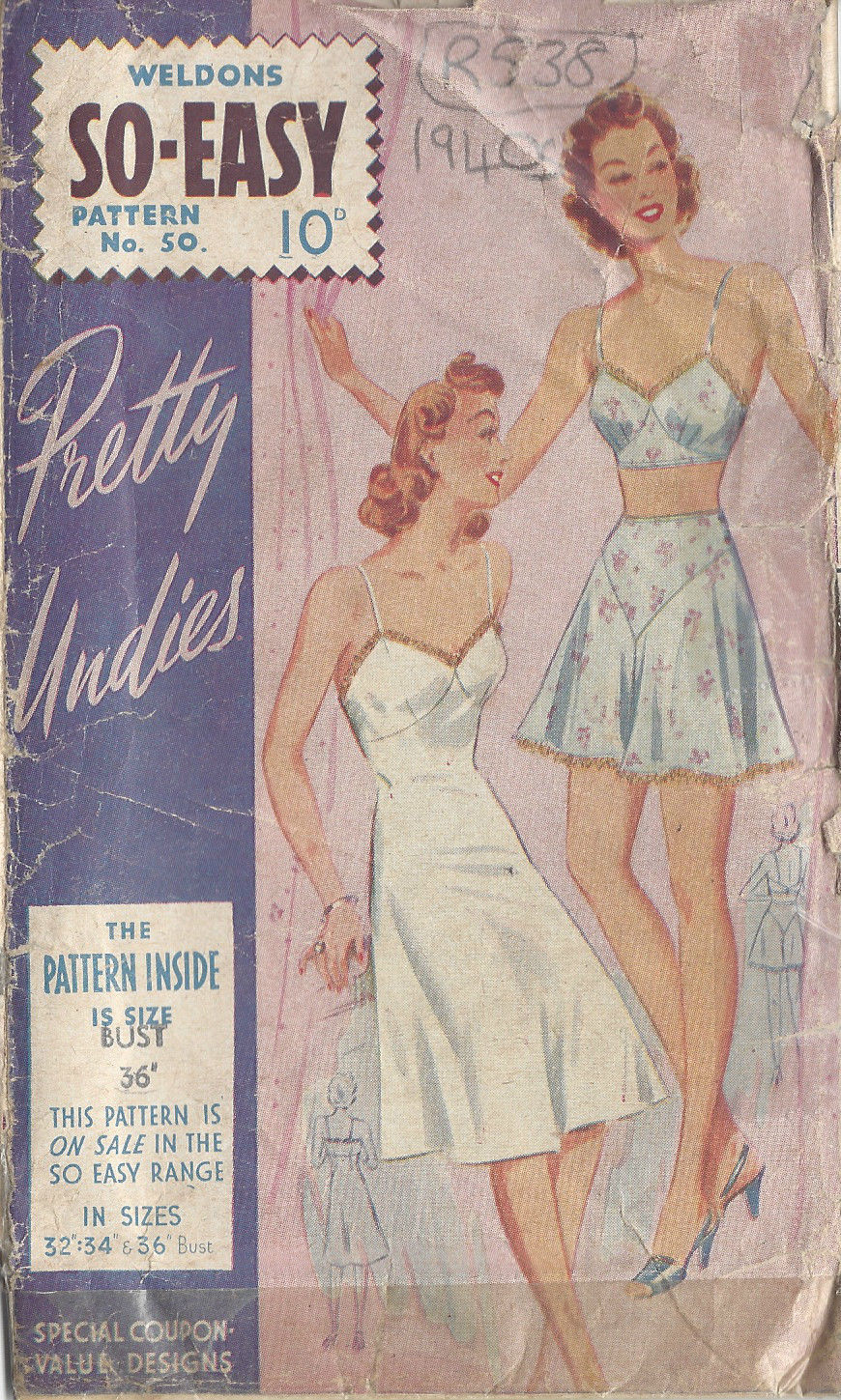 1940s Vintage Sewing Pattern SLIP BRA KNICKERS B36 (R538) By