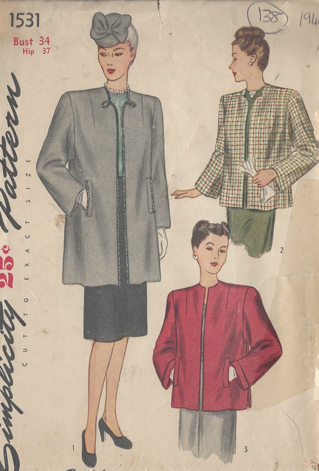 1945 Vintage Sewing Pattern B34" COAT (138) - The Vintage Pattern Shop