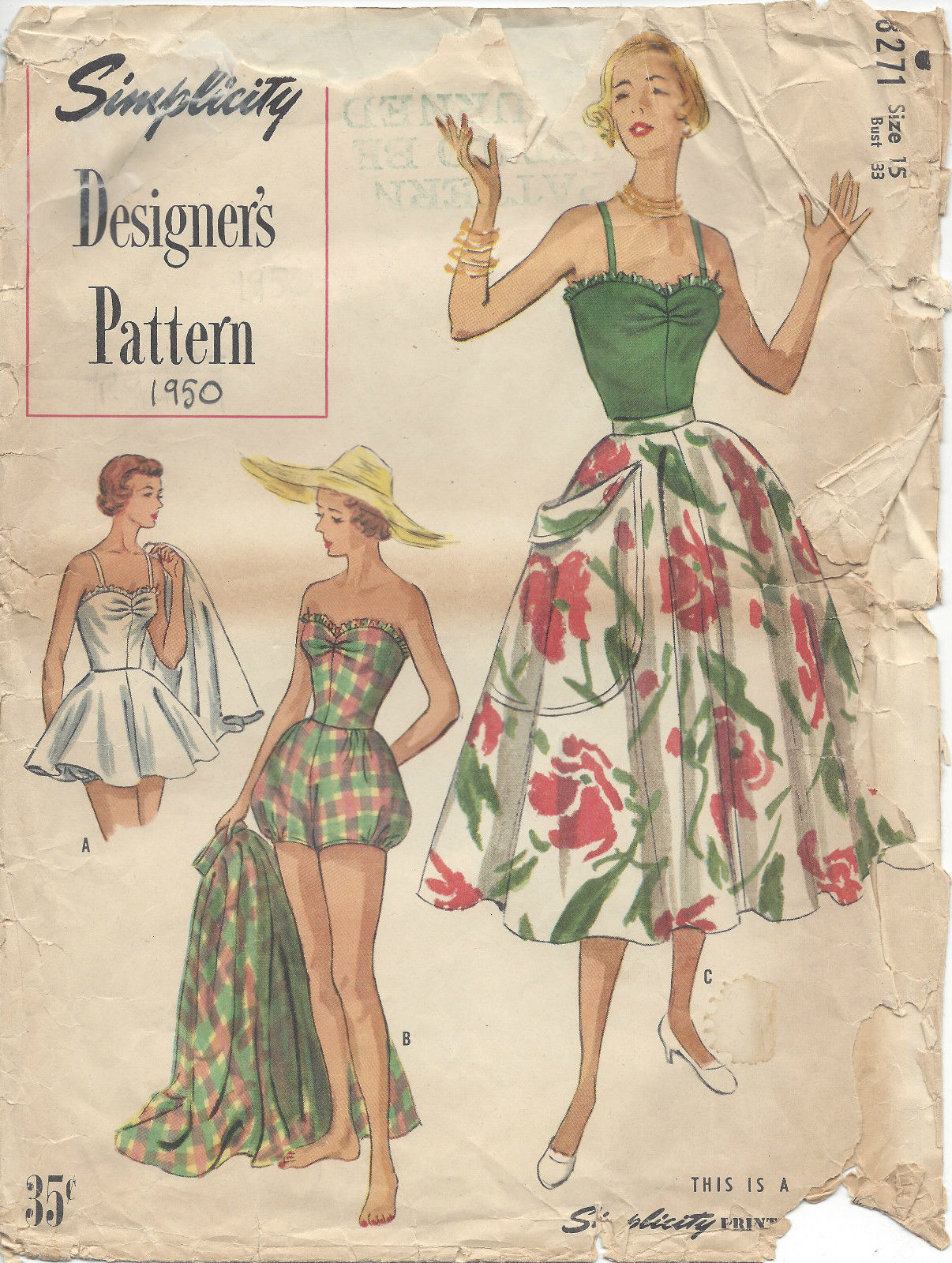 1950 Vintage Sewing Pattern B33 BATHING SUIT & SKIRT (RR975