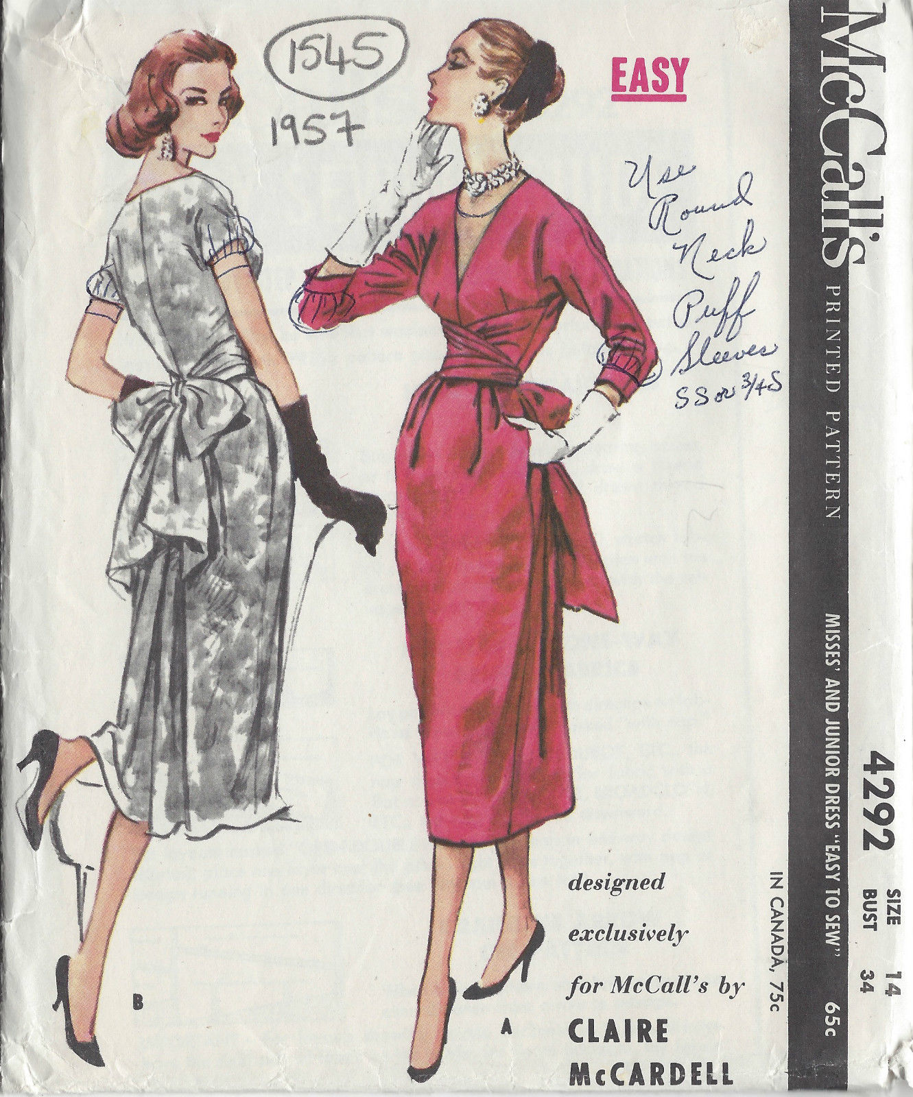 1957 Vintage Sewing Pattern B34 DRESS (1545) By Claire McCardell