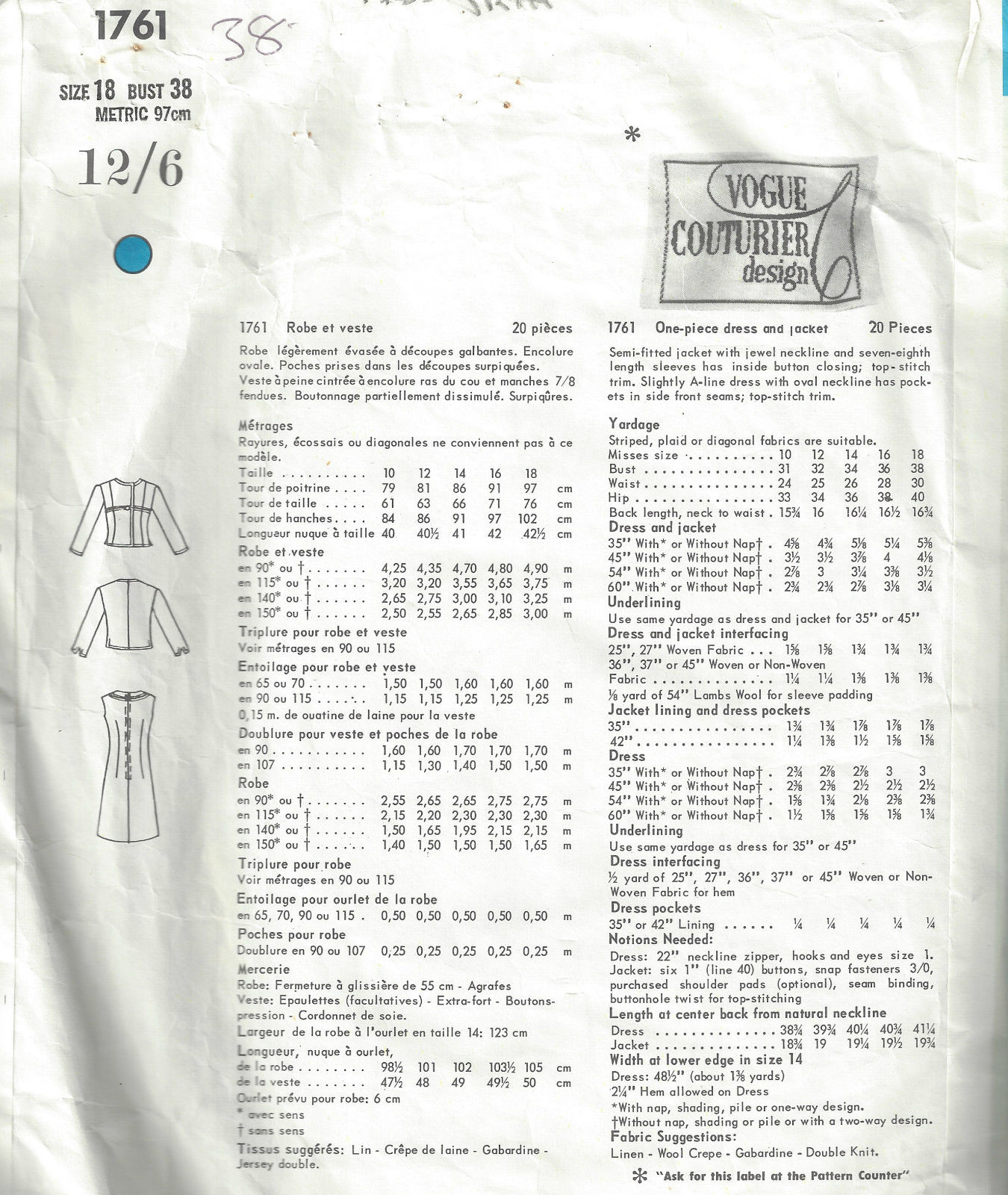 1967 Vintage VOGUE Sewing Pattern B38