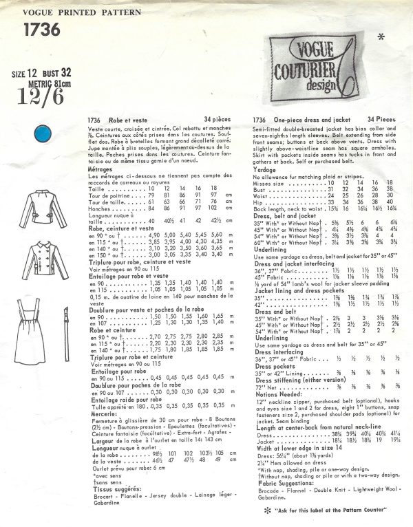 11960s Vintage VOGUE Sewing Pattern B32in DRESS & JACKET (1844) By ...