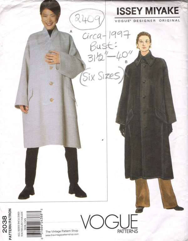 1997 Vintage VOGUE Sewing Pattern (B 31 1/2″ -to- 40") Coat (2409) By Issey Miyake VOGUE 2038