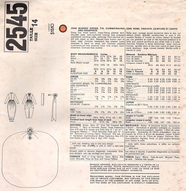 1979 Vintage VOGUE Sewing Pattern B36″ Wedding Dress Tie Cummerbund (2413) Christian Dior Vogue 2545 - Image 3