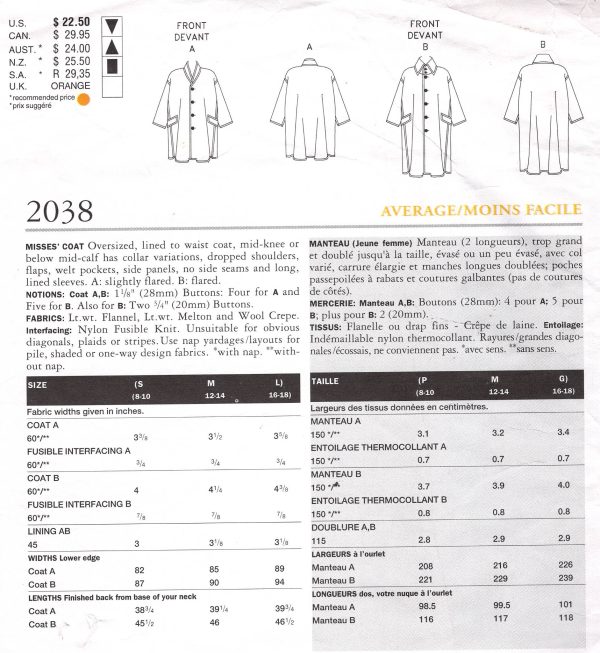 1997 Vintage VOGUE Sewing Pattern (B 31 1/2″ -to- 40") Coat (2409) By Issey Miyake VOGUE 2038 - Image 2