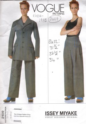 1998 Vintage VOGUE Sewing Pattern (BUST: 31 1/2 - 32 1/2 - 34 in) Jacket & Pants (2407) By Issey Miyake Vogue 2109