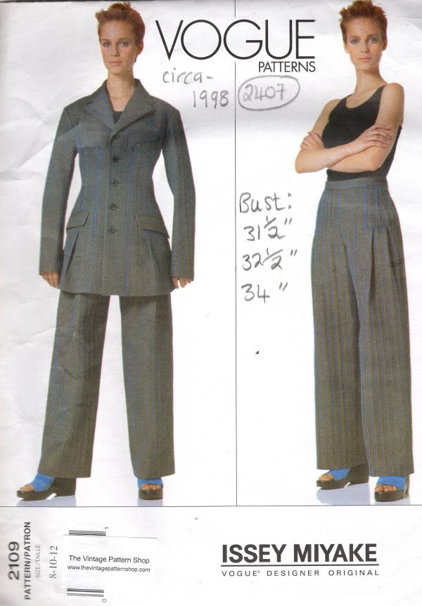 1998 Vintage VOGUE Sewing Pattern (BUST: 31 1/2 - 32 1/2 - 34 in) Jacket & Pants (2407) By Issey Miyake Vogue 2109