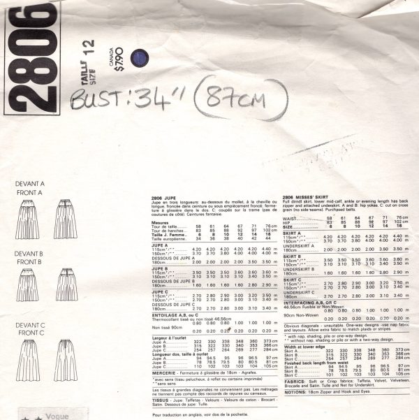 982 Vintage VOGUE Sewing Pattern B34" SKIRT (2412) By Oscar De La Renta Vogue 2806 - Image 2