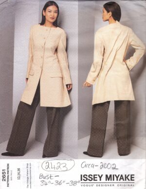 2002 Vintage VOGUE Sewing Pattern (B34”-36”-38” ins) JACKET & PANTS (2423) By Issey Miyake Vogue 2651
