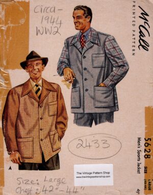 1940s Vintage Sewing Pattern MEN'S JACKET C38" (R267) By Butterick 3327