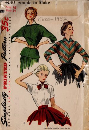 1952 Vintage Sewing Pattern Blouse Detachable Collar Cuffs Scarf B34” (2431) Simplicity 4010