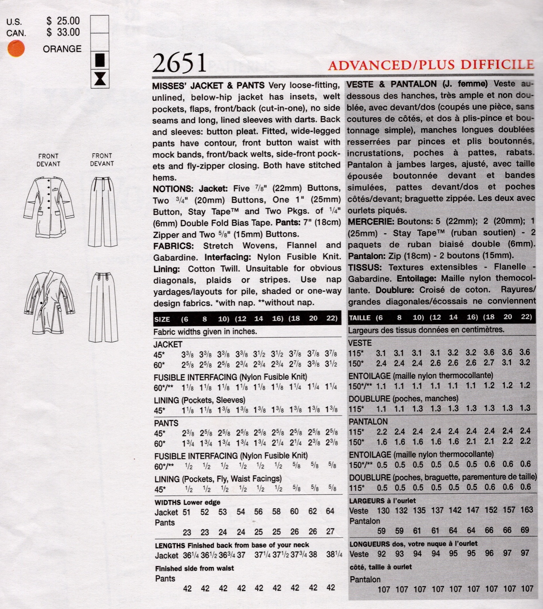 2002 Vintage VOGUE Sewing Pattern (B34”-36”-38” ins) JACKET & PANTS (2423) By Issey Miyake Vogue 2651 - Image 2