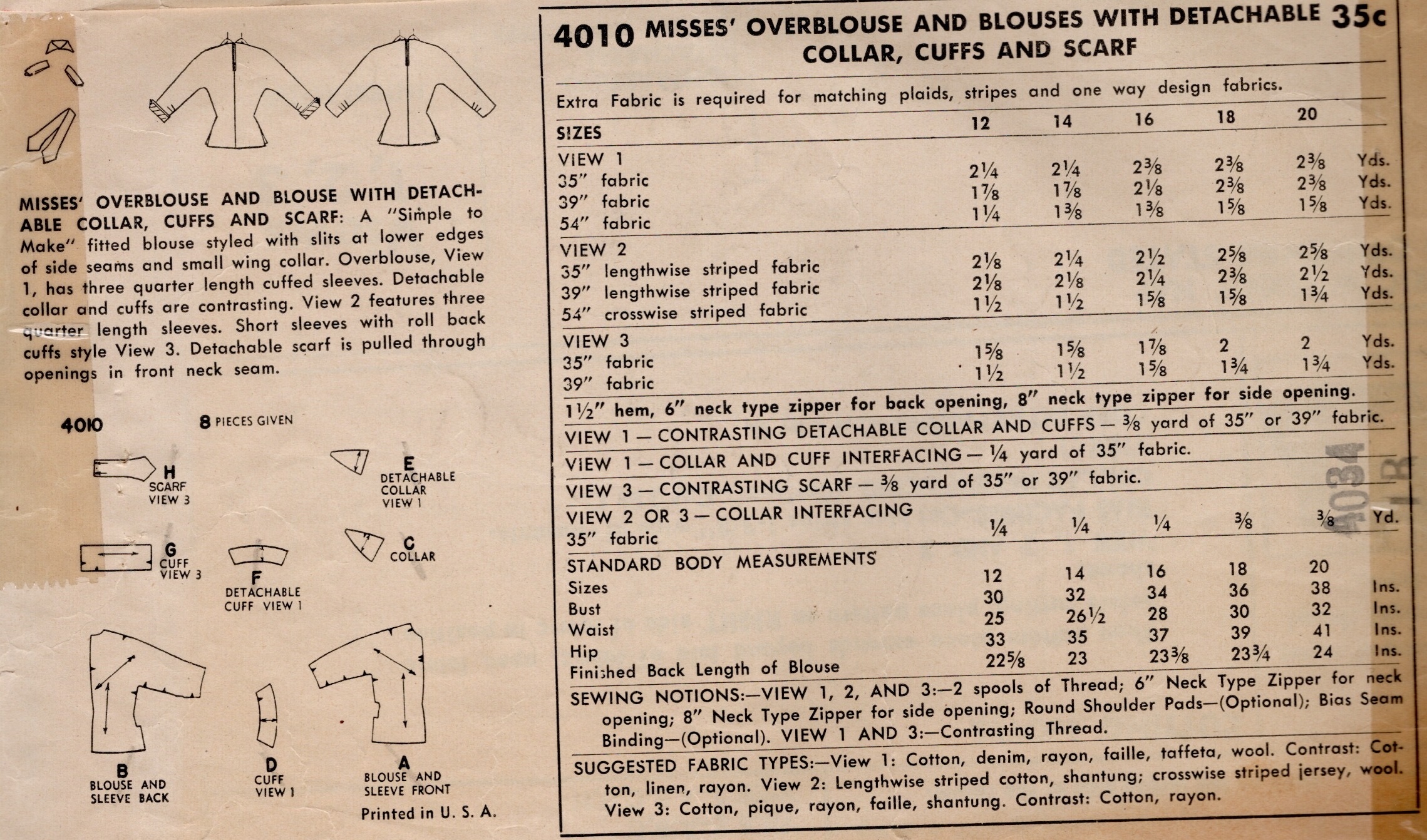 1952 Vintage Sewing Pattern Blouse Detachable Collar Cuffs Scarf B34” (2431) Simplicity 4010 - Image 2
