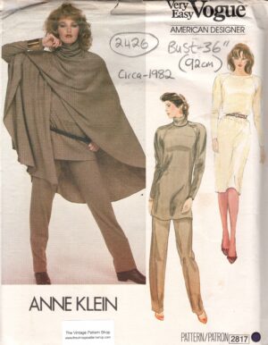 1982 Vintage VOGUE Sewing Pattern B36″ Dress, Poncho, Pants & Tunic (2426) Anne Klein 2817