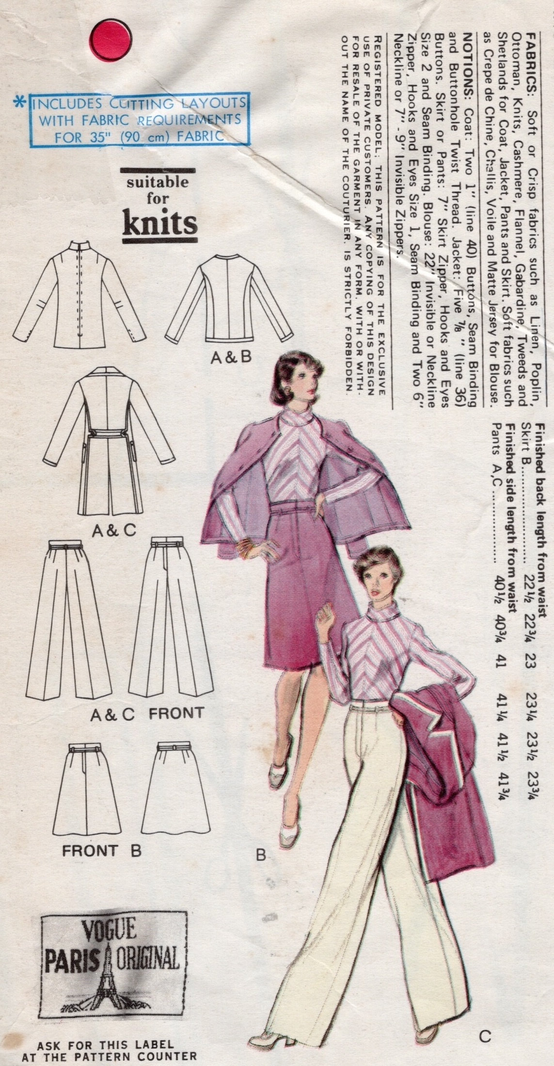 1974 Vintage VOGUE Sewing Pattern B38” Coat Jacket Pants skirt & Blouse (2441) PIERRE BALMAIN Vogue 1026 - Image 2