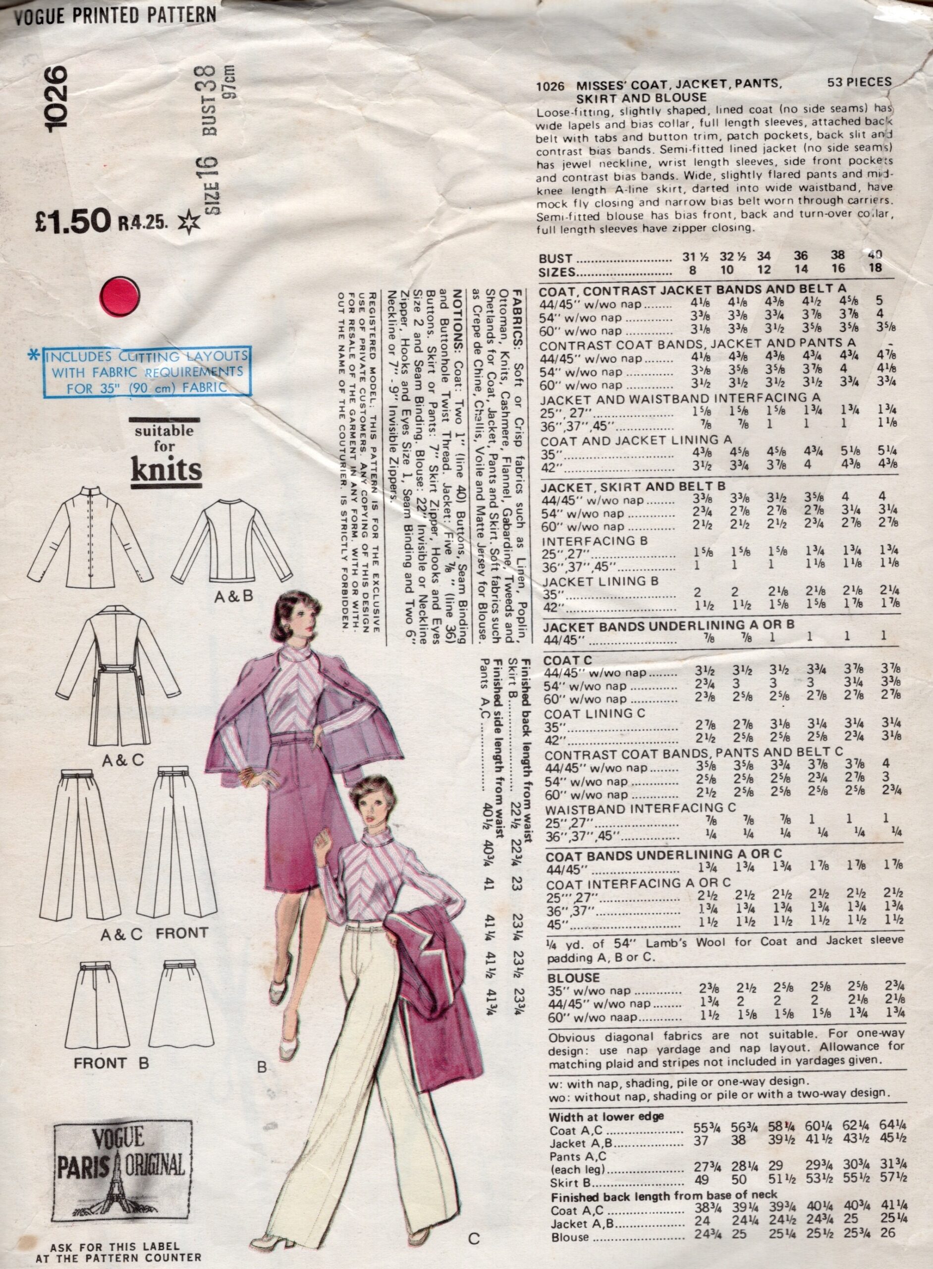 1974 Vintage VOGUE Sewing Pattern B38” Coat Jacket Pants skirt & Blouse (2441) PIERRE BALMAIN Vogue 1026 - Image 4