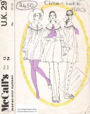 Late 1960s Vintage Sewing Pattern (Bust: 34″) SMOCK DRESS with EMBROIDERY (2450) By McCalls UK29