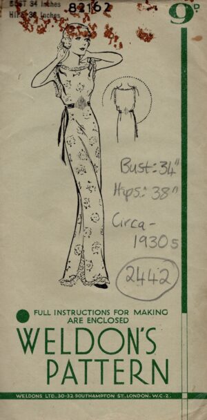 1930s Vintage Sewing Pattern B34″ NEGLIGEE, NIGHTDRESS (2442) Weldon’s 82162
