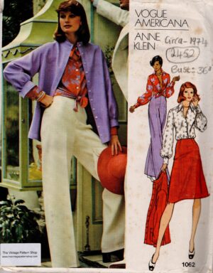 1974 Vintage VOGUE Sewing Pattern B36” Jacket Pants skirt & Shirt (2452) Anne Klein Vogue 1062