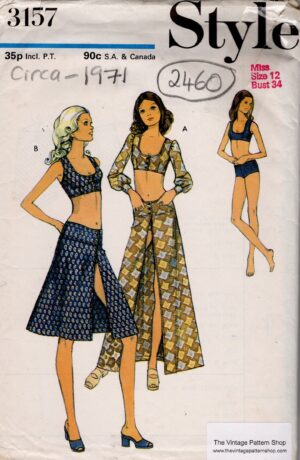 1971 Vintage Sewing Pattern (B34”) Skirt, Top & Bikini (2460) Style 3157