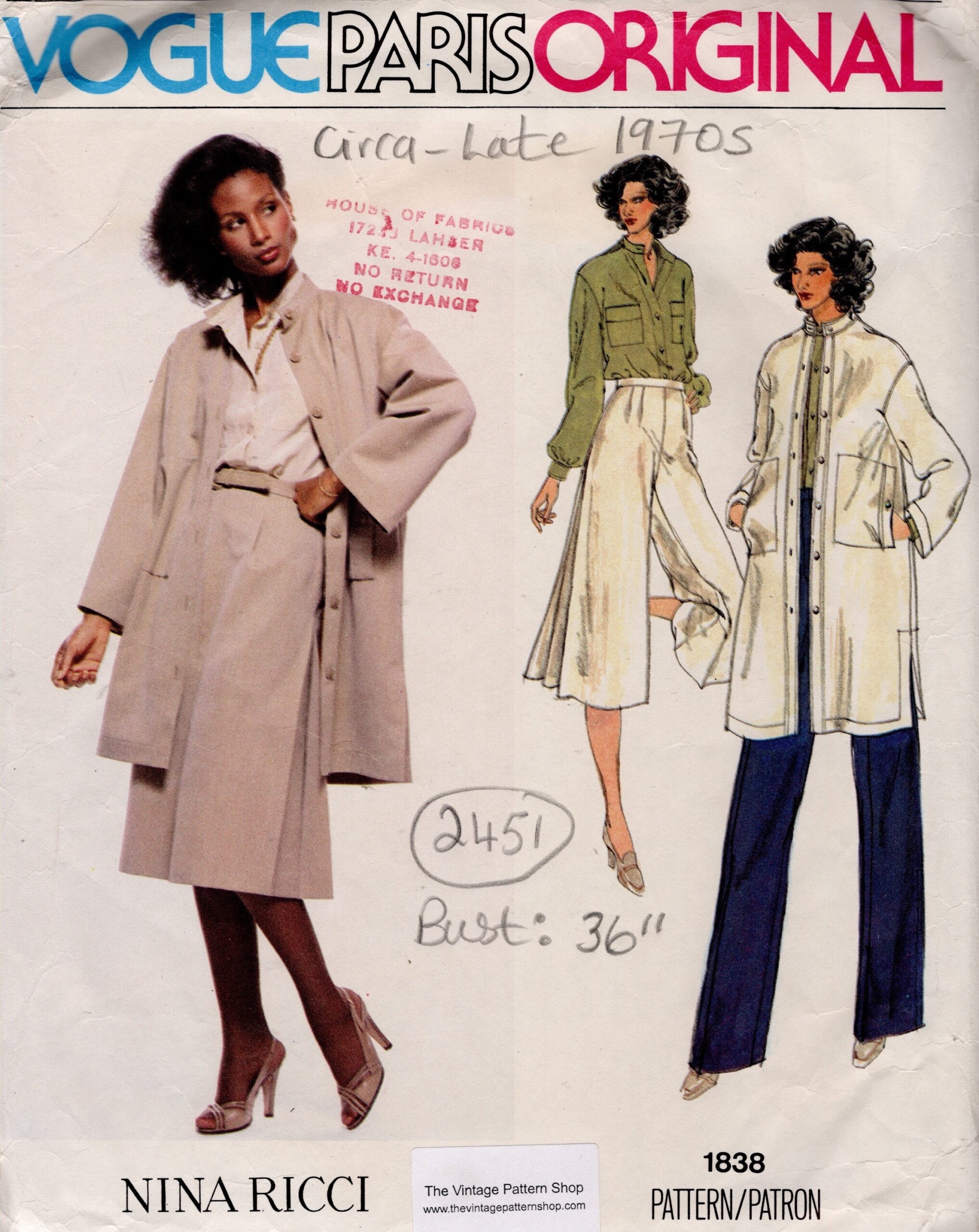 1970s Vintage VOGUE Sewing Pattern B36" Coat Culottes Pants Blouse (2451) Nina Ricci Vogue 1838
