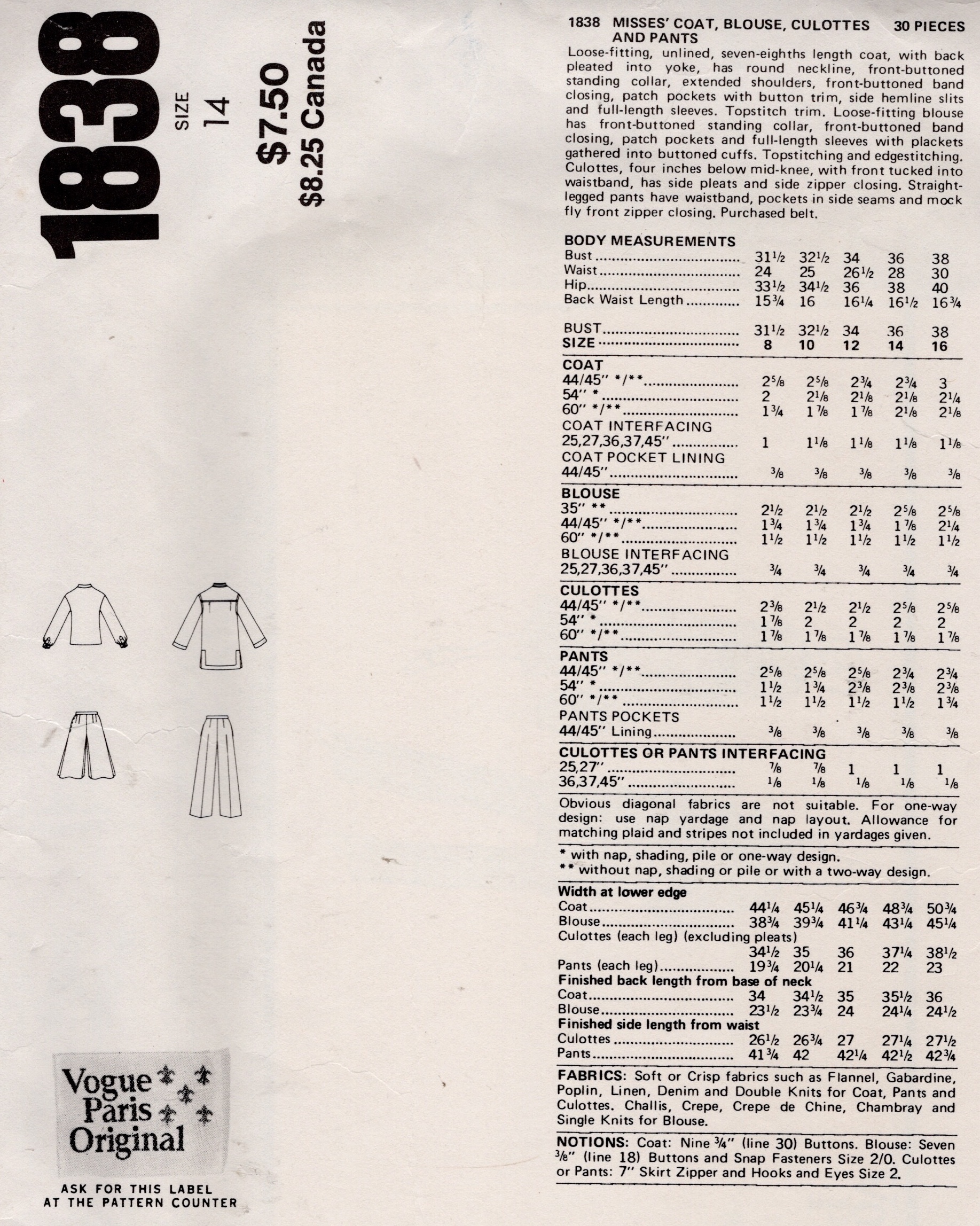 1970s Vintage VOGUE Sewing Pattern B36" Coat Culottes Pants Blouse (2451) Nina Ricci Vogue 1838 - Image 2