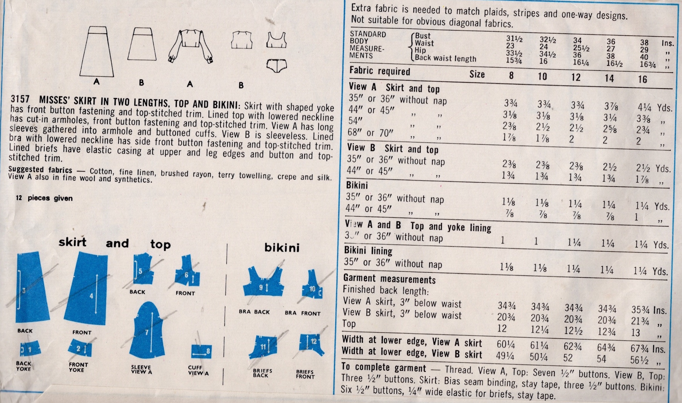 1971 Vintage Sewing Pattern (B34”) Skirt, Top & Bikini (2460) Style 3157 - Image 2