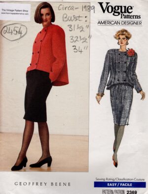 1989 Vintage VOGUE Sewing Pattern (Bust 31 1/2 - 32 1/2 - 34 ins) Jacket & Skirt (2454) Geoffrey Beene 2369
