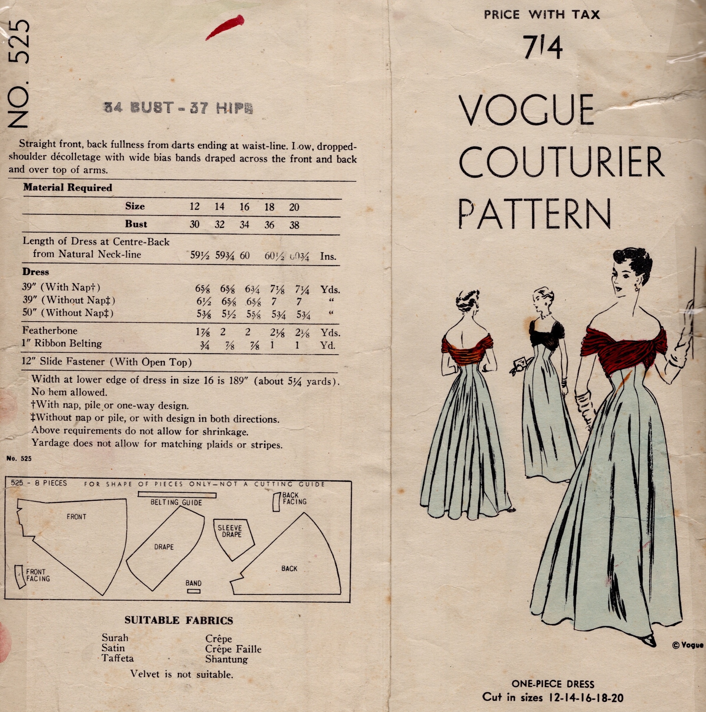 1949 Vintage VOGUE Sewing Pattern B34″ Evening Dress (2457) Vogue 525 ...