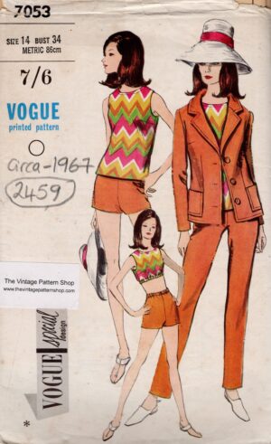 1967 Vintage VOGUE Sewing Pattern (B34”) Jacket, Pants, Shorts, Overblouse & Top (2459) Vogue 7053