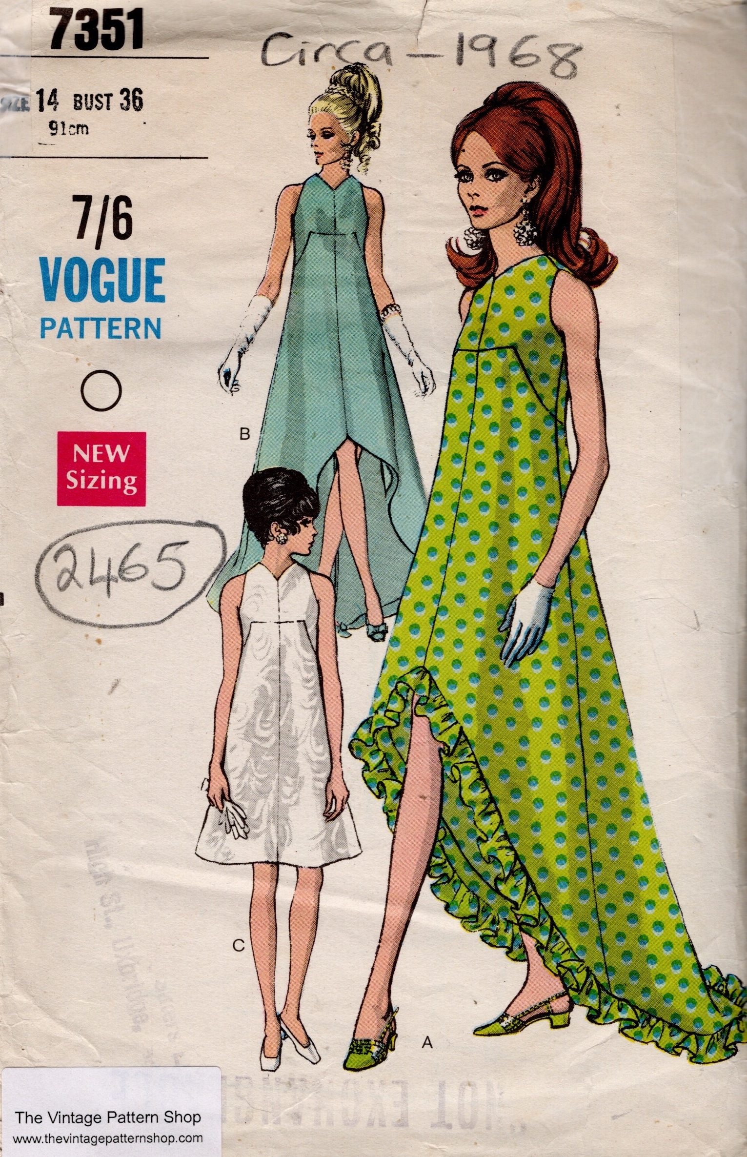 1968 Vintage VOGUE Sewing Pattern B36” EVENING DRESS (2465) Vogue 7351 ...