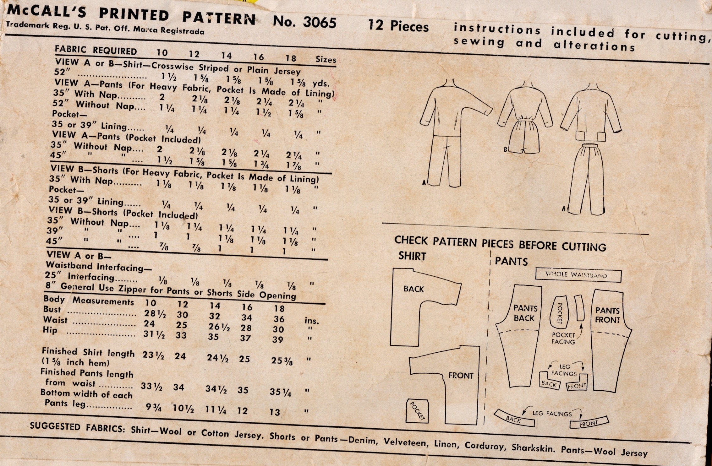 1954 Vintage Sewing Pattern (B34”) Shirt, Short & Pants (2468) McCall's 3065 - Image 2
