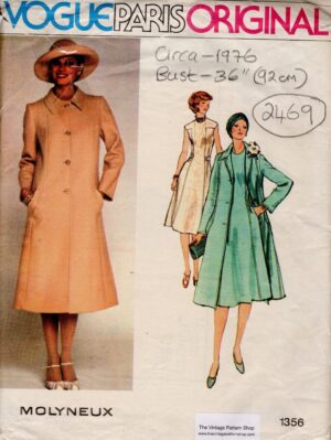 1976 Vintage Vogue Sewing Pattern B36″ COAT & DRESS (2469) By Molyneux 1356
