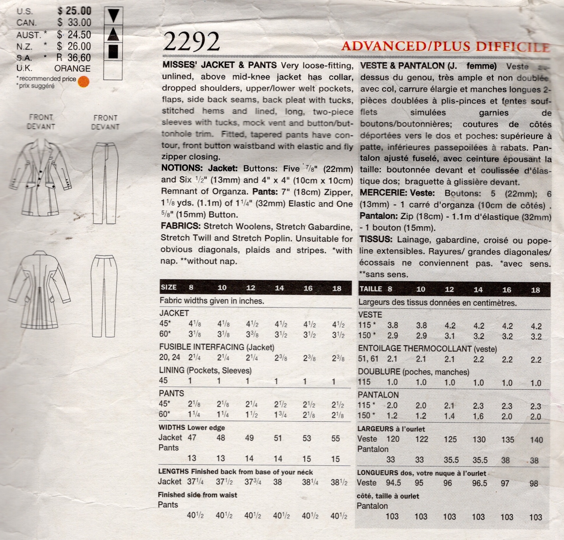 1999 Vintage VOGUE Sewing Pattern Bust: 38in Jacket & Pants (2477) By Issey Miyake Vogue 2292 - Image 2