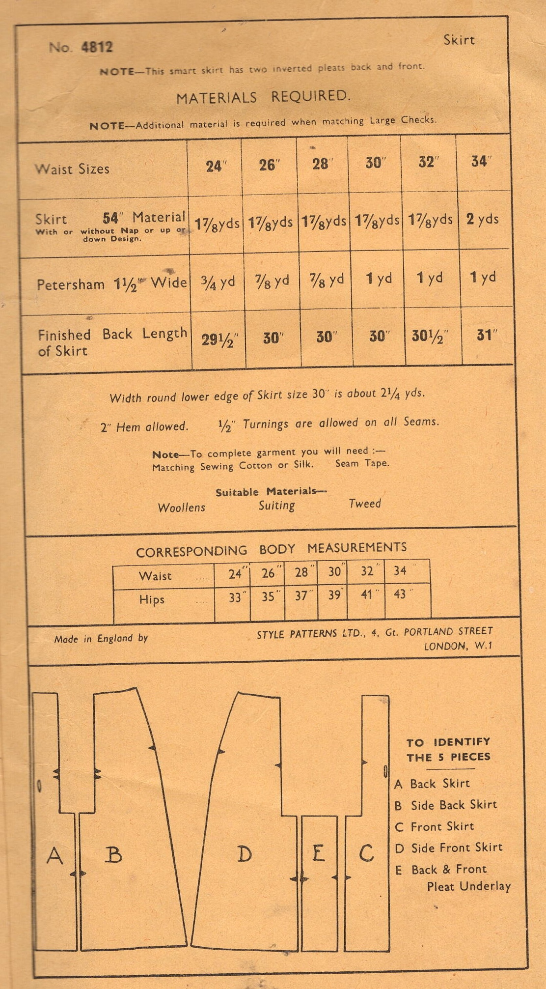 1940s WW11 Vintage Sewing Pattern SKIRT (Waist 30”) (2491) By Style 4812 - Image 2