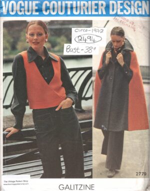 1972 Vintage VOGUE Sewing Pattern (Bust 38″) Cape Pants Shirt Vest (1982) Galitzine 2779