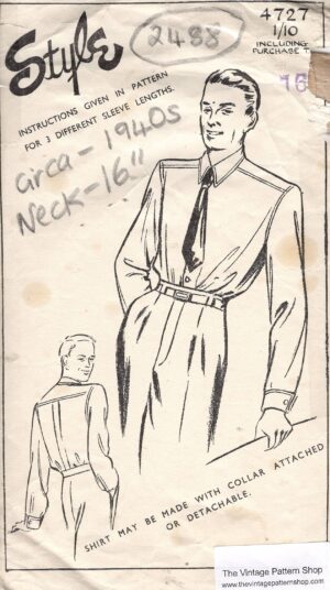 1940s WW11 Vintage Sewing Pattern Size 16" MENS SHIRT (2488) Style 4727