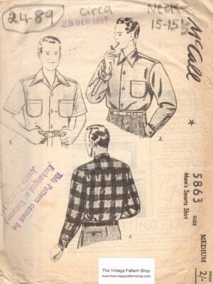 1951 Vintage Sewing Pattern (Medium Chest 38”- 40”) (Collar 15 - 15 1/2″) MENS SPORT SHIRT (2489) By McCALL 5863