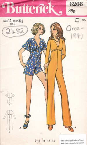 1971 Vintage Sewing Pattern (Bust 32 1/2in) JUMPSUIT (2482) Butterick 6266