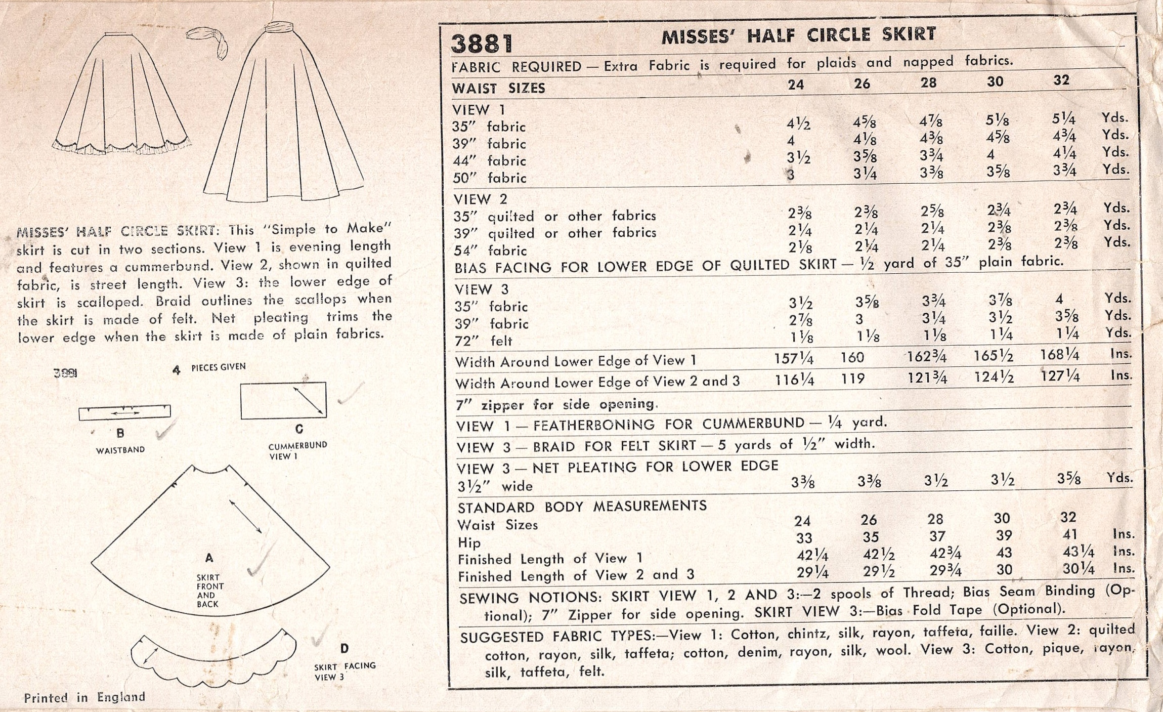 1952 Vintage Sewing Pattern (Waist 28″) CIRCLE SKIRT (2490) By Simplicity 3881 - Image 2