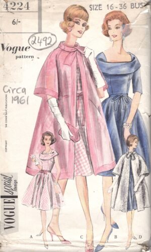 1961 Vintage VOGUE Sewing Pattern (B36”) DRESS & COAT (2492) Vogue 4224