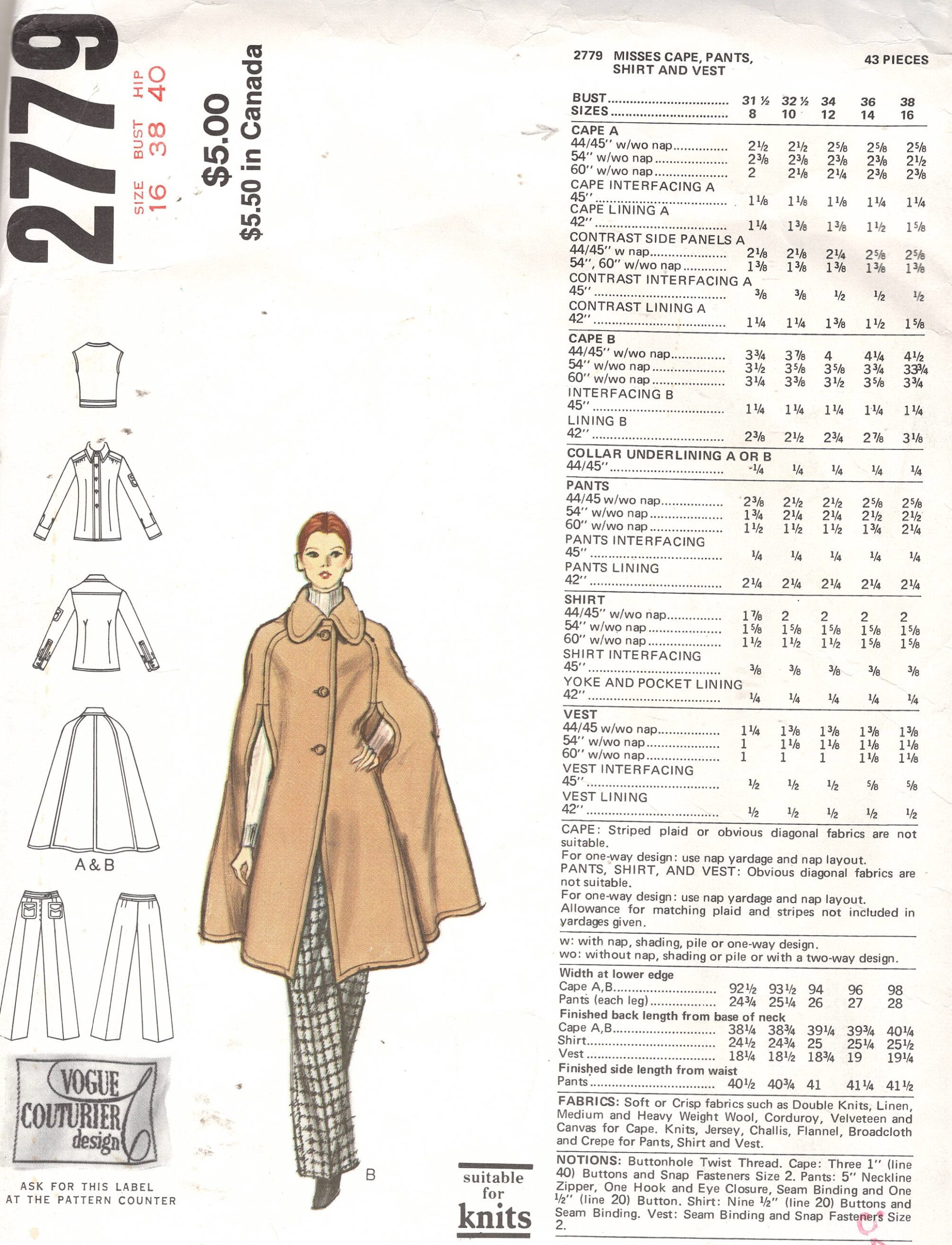 1972 Vintage VOGUE Sewing Pattern (Bust 38″) Cape Pants Shirt Vest (1982) Galitzine 2779 - Image 2